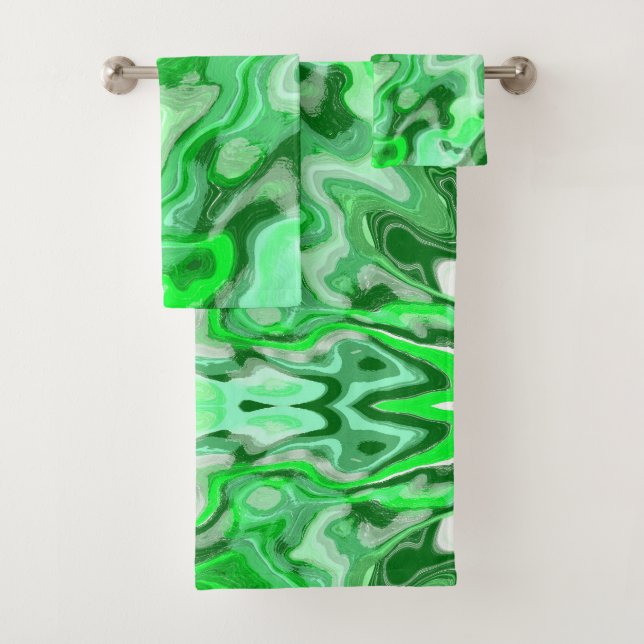 Emerald Green Marble Texture Abstract Liquid Paint Bath Towel Set (Insitu)