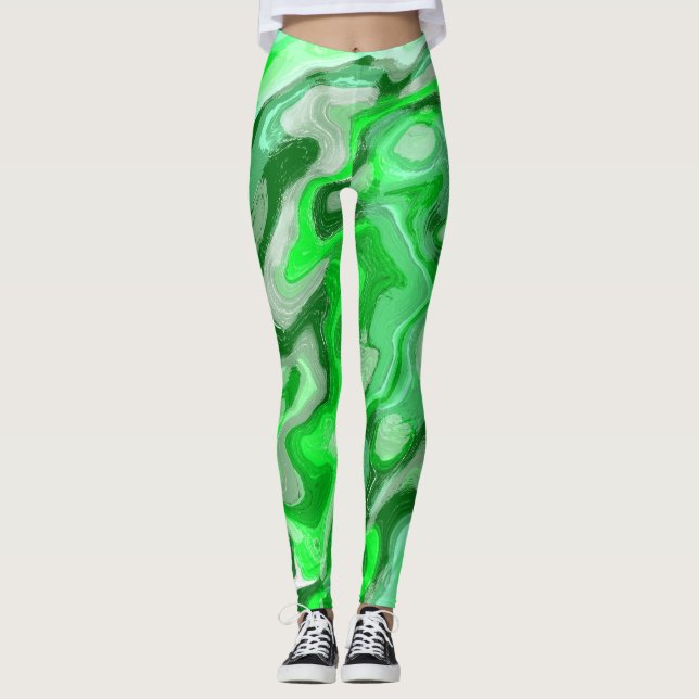 Emerald Green Marble Texture Abstract Liquid Paint Leggings (Front)