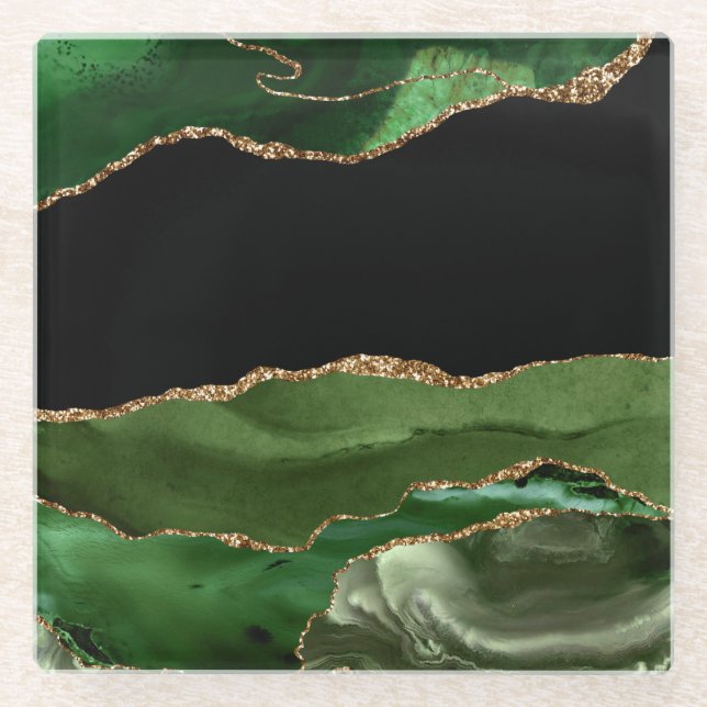 Emerald Green Marbled Agate Contemporary Stone Glass Coaster (Front)