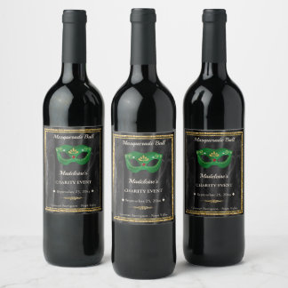 Emerald Green Masquerade Black Damask Gala Favour Wine Label