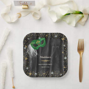 Emerald Green Masquerade Black Damask Gold Stars Paper Plate