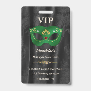 Emerald Green Masquerade VIP Pass Black Damask ID Badge