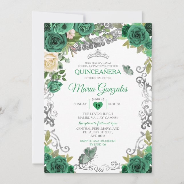 Emerald Green Mexican Charra Mis Quince Butterfly Invitation (Front)