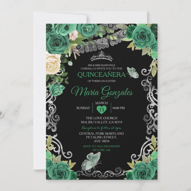 Emerald Green Mexican Charra Mis Quince Butterfly Invitation (Front)