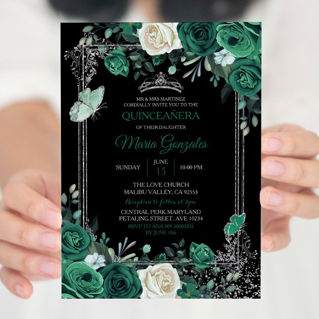 Emerald Green Mexican Charra Quinceanera Black Invitation (Creator Uploaded)