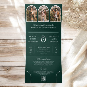 Emerald Green Minimal Arch Photo QR code Wedding Tri-Fold Invitation