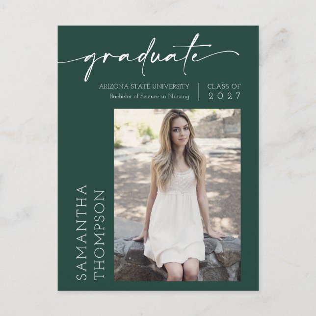 Emerald Green Minimal Script Two Photo Graduation Postcard (Front)