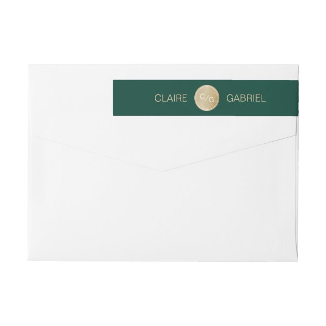 Emerald green minimalist modern wedding monogram wrap around label (Back)