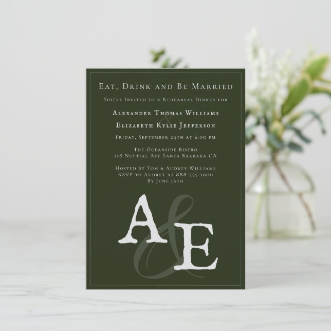 Emerald Green Minimalist Monogram  Invitation (Standing Front)
