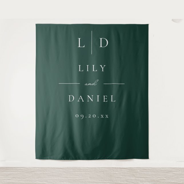 Emerald Green Minimalist Monogram Wedding Backdrop Tapestry (Front)