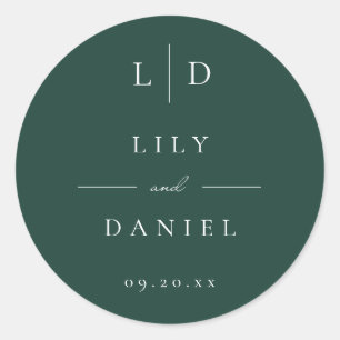 Emerald Green Minimalist Monogram Wedding Favour Classic Round Sticker