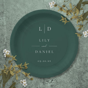 Emerald Green Minimalist Monogram Wedding Paper Plate