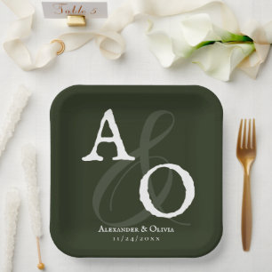 Emerald Green Minimalist Monogram Wedding Paper Plate