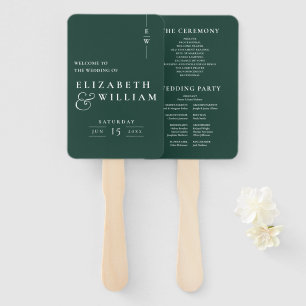 Emerald Green Minimalist Monogram Wedding Program Hand Fan