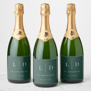 Emerald Green Minimalist Monogram Wedding Sparkling Wine Label