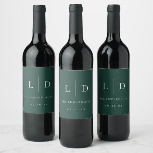 Emerald Green Minimalist Monogram Wedding Wine Label