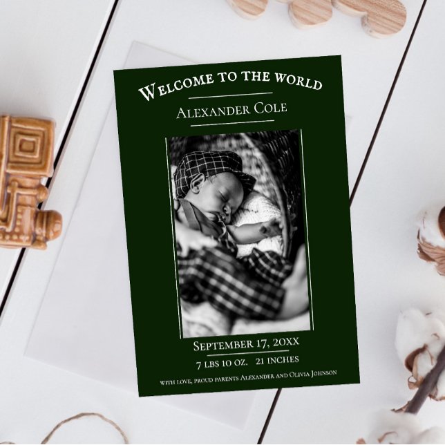 Emerald Green Minimalist Photo Birth Announcement (Emerald Green Minimalist Photo Birth Announcement)