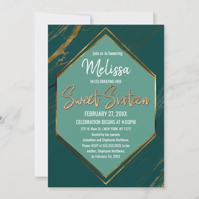Emerald Green Mint Gold Geometric Marble Sweet 16 Invitation (Front)