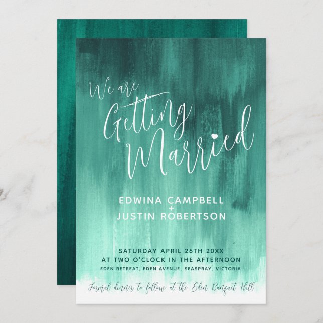 Emerald green modern abstract art painted wedding invitation (Front/Back)