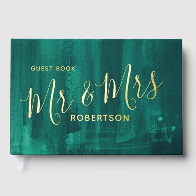Emerald green modern art custom wedding  guest book (Front)