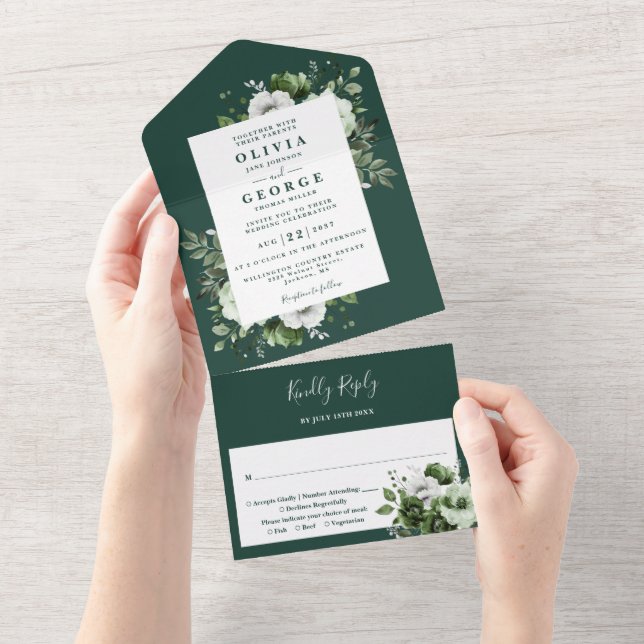 Emerald Green Modern Botanical Floral Wedding All In One Invitation (Tearaway)