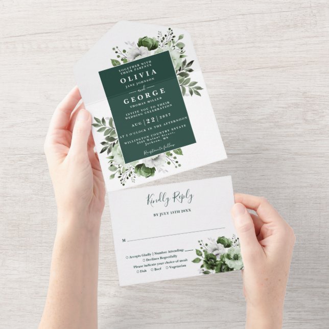 Emerald Green Modern Botanical Floral Wedding All In One Invitation (Tearaway)