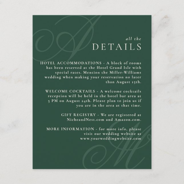 Emerald Green Modern Edge Elegant Monogram Details Enclosure Card (Front)