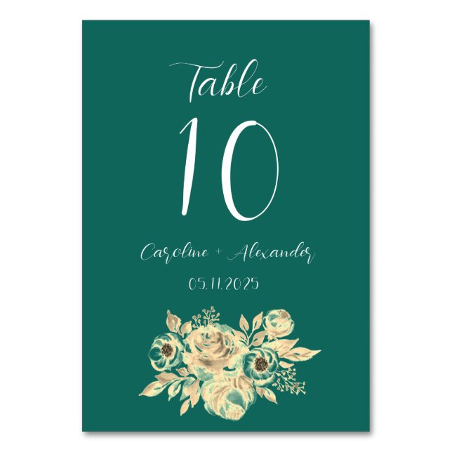 Emerald Green Modern Elegant Unique Floral Wedding Table Number (Front)