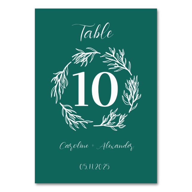 Emerald Green Modern Elegant Unique Wedding Table Number (Front)