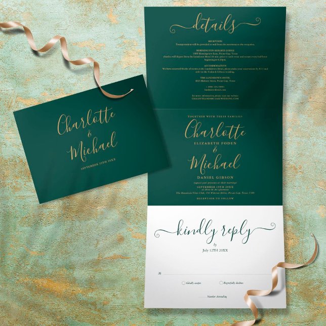 Emerald Green Modern Gold Script Photo Wedding Tri-Fold Invitation (Creator Uploaded)