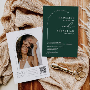 Emerald Green Modern Minimal Arch Photo QR Code In Invitation
