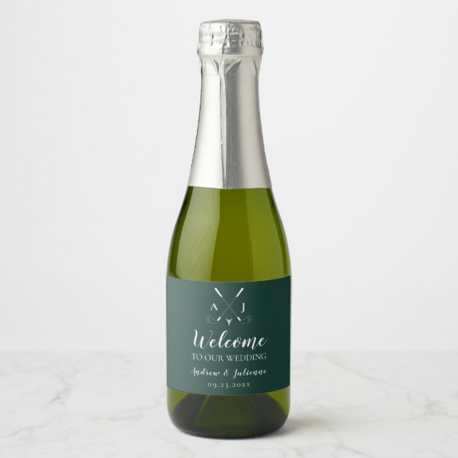 Emerald Green Modern Monogram Golf Wedding Sparkling Wine Label (Front)