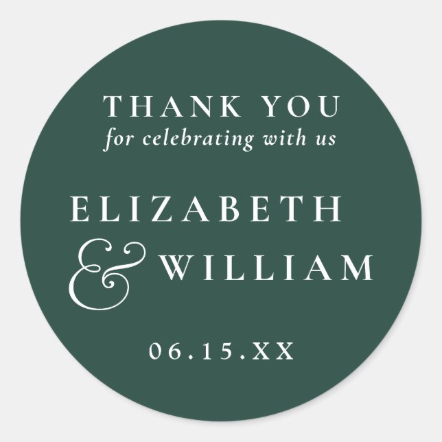 Emerald Green Modern Monogram Wedding Thank You Classic Round Sticker (Front)