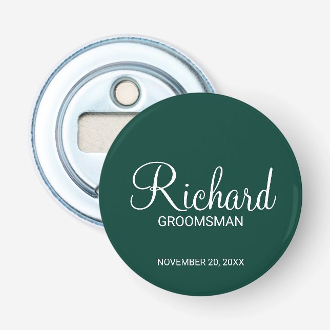 Emerald Green Modern Script Personalised Groomsman Bottle Opener (Front)