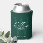 Emerald Green Modern Script Personalised Groomsmen Can Cooler<br><div class="desc">Modern Minimalist Personalised Monogram and Name Gifts This design features personalised name in white modern handwriting script font style and monogram in light emerald green modern sans serif font style as background, with wedding details in white modern sans serif font style, on emerald green background. Also perfect for best man,...</div>