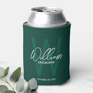 Emerald Green Modern Script Personalised Groomsmen Can Cooler