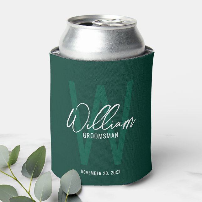 Emerald Green Modern Script Personalised Groomsmen Can Cooler (Creator Uploaded)