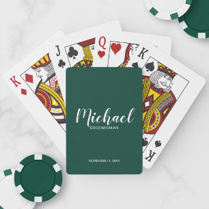 Emerald Green Modern Script Personalised Groomsmen Playing Cards