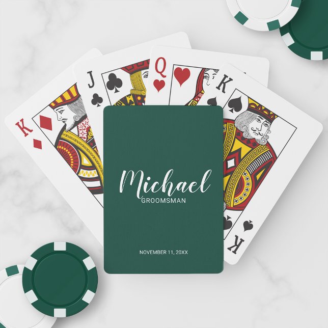 Emerald Green Modern Script Personalised Groomsmen Playing Cards (Creator Uploaded)