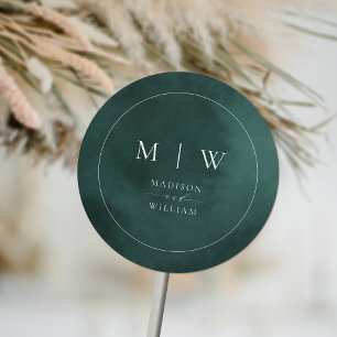 Emerald Green Monogram & Border Elegant Wedding Classic Round Sticker
