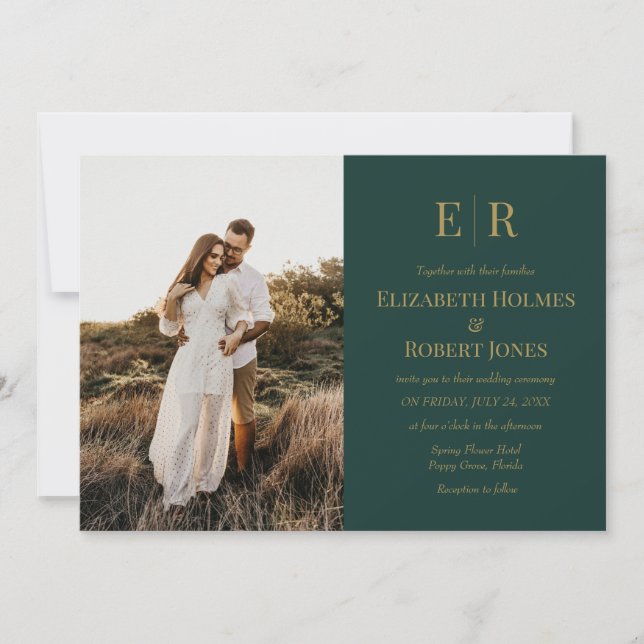 Emerald Green Monogram Couple Photo Wedding  Invitation (Front)