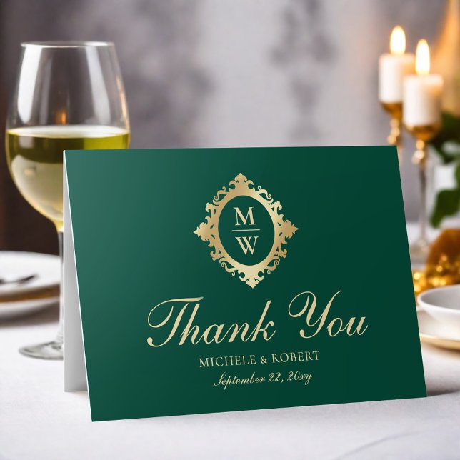 Emerald Green Monogram Elegant Gold Thank You Card (Creator Uploaded)