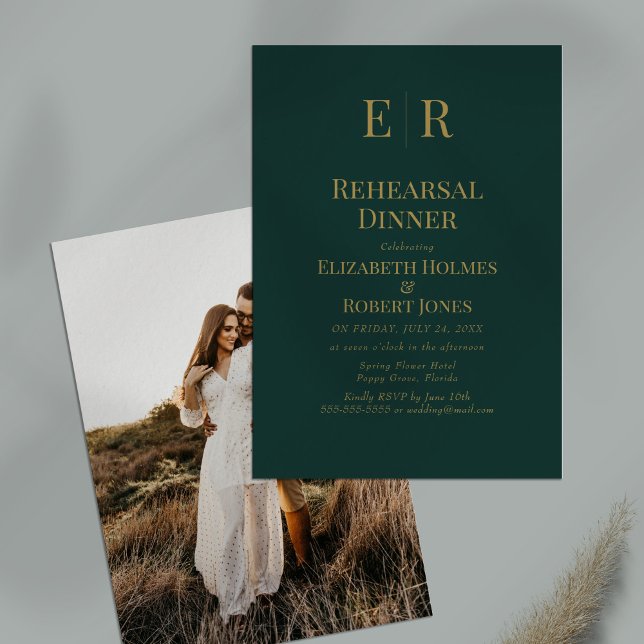 Emerald Green Monogram Photo Rehearsal Dinner Invitation (Emerald Green Monogram Photo Rehearsal Dinner Invitation on a table.)