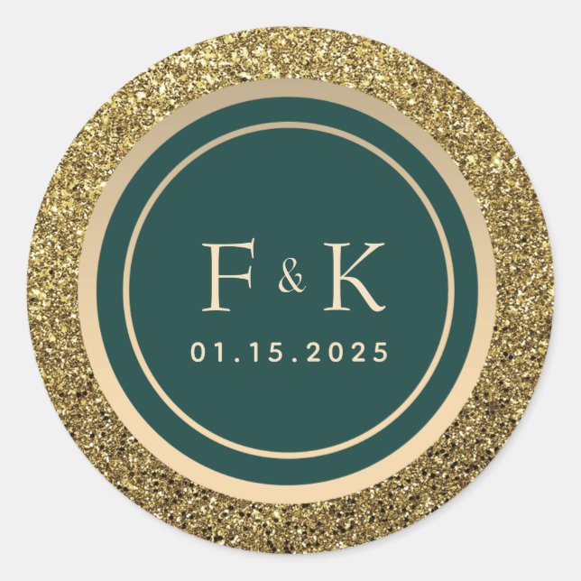 Emerald Green Monogram Wedding Classic Round Sticker (Front)
