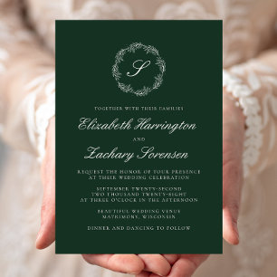 Emerald Green Monogram Wreath White Script Wedding Invitation