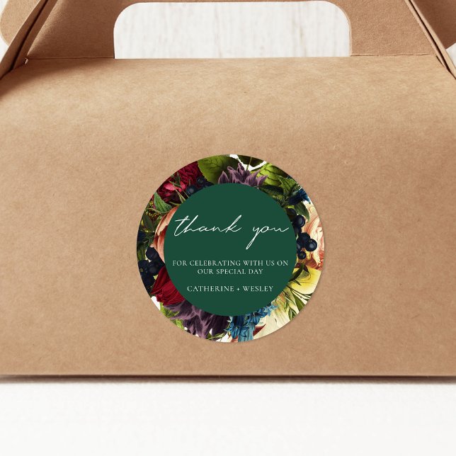 Emerald Green Moody Floral Burgundy Wedding  Classic Round Sticker (Creator Uploaded)