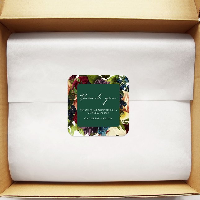 Emerald Green Moody Floral Burgundy Wedding  Square Sticker (Creator Uploaded)