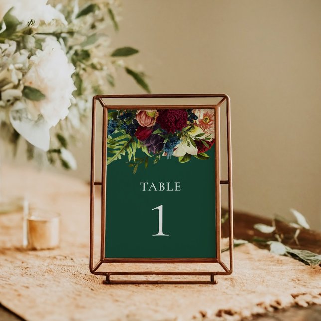 Emerald Green Moody Floral Burgundy Wedding  Table Number (Creator Uploaded)