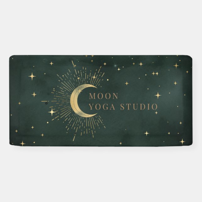 Emerald Green Moon Stars Midnight Blue Banner (Horizontal)