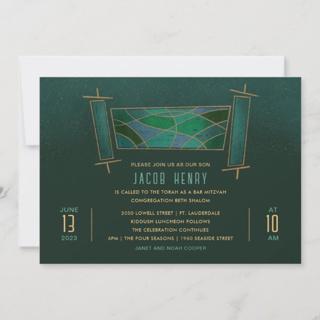 Emerald Green Mosaic Torah Scroll Bar/Bat Mitzvah Invitation (Front)